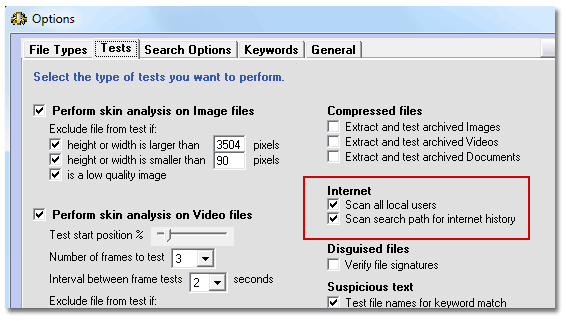Internet browser settings on Test tab