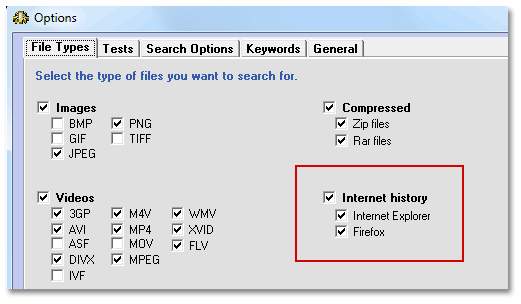 Internet history settings on File Types tab